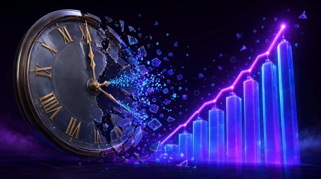 Shattering clock face dissolving into digital particles beside a rising neon bar chart