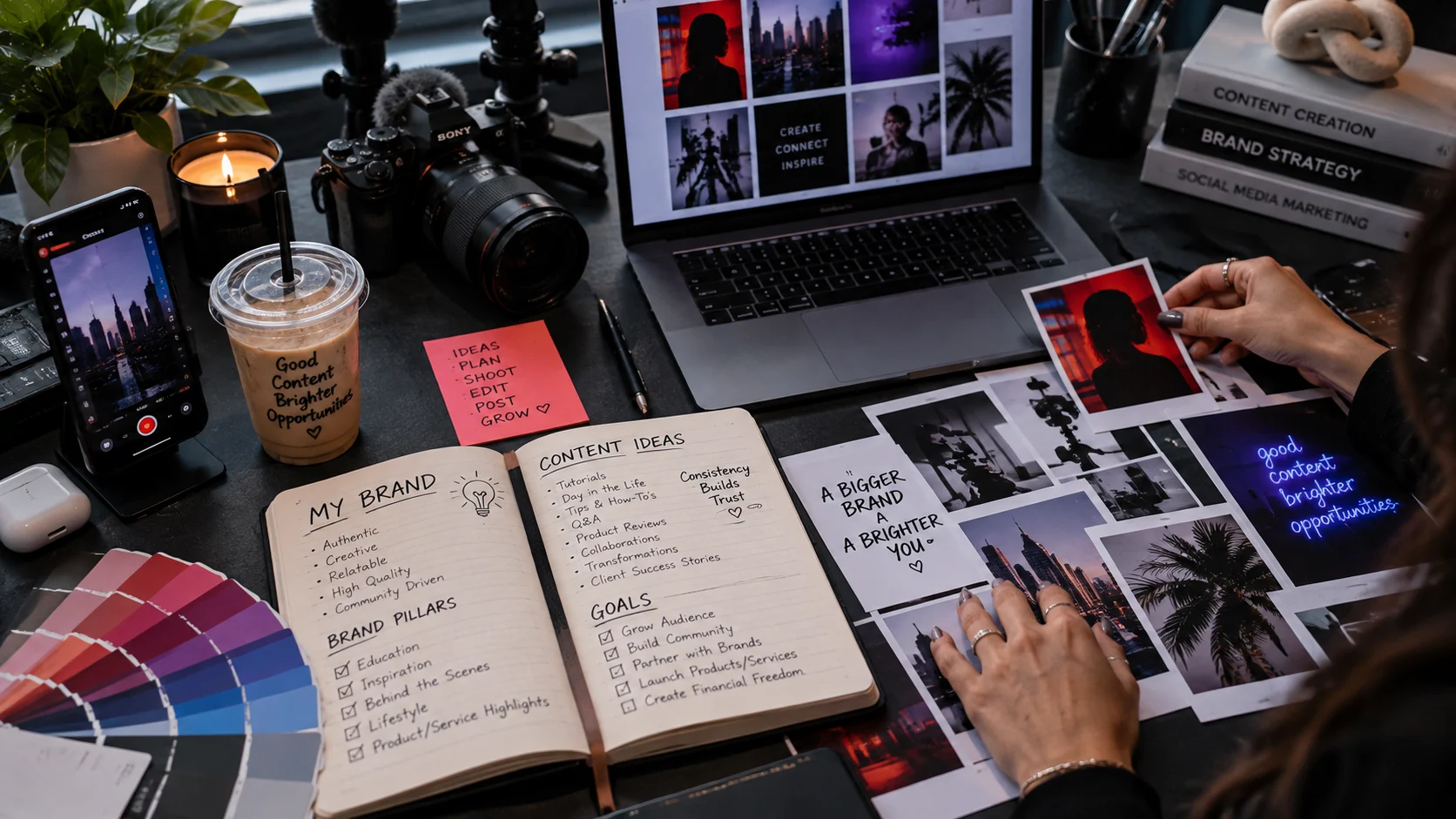 Creator organizing brand ideas, content pillars, photos and goals on a studio desk